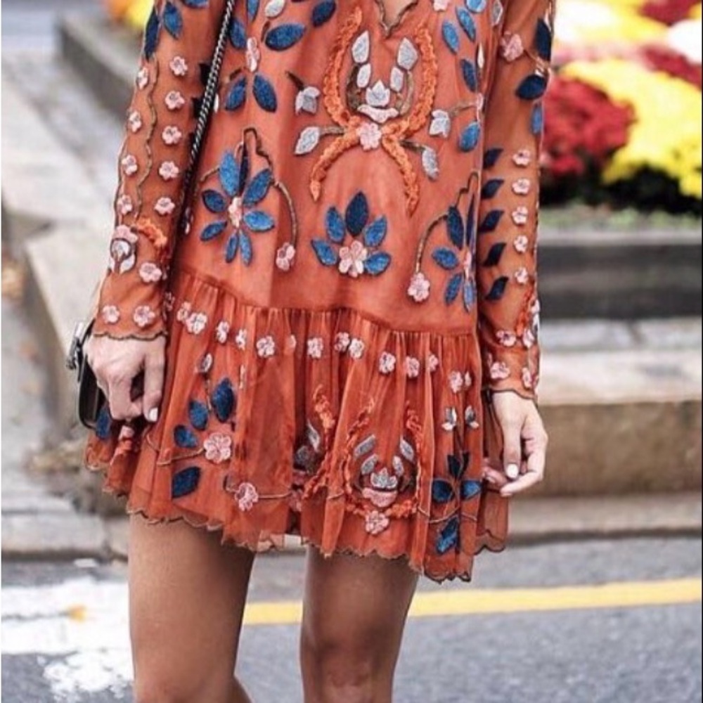 Free People Rust Embroidered Mini Dress with Blue & Pink Accents